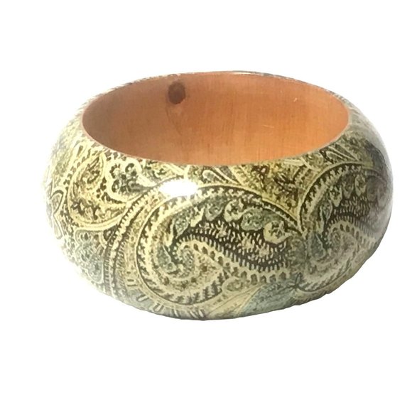 Unbranded Jewelry - Huge Chunky Domed Paisley Wood and Lucite Bangle Bracelet in Khaki Green